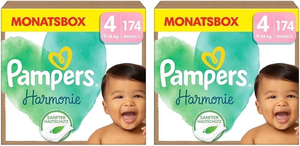 Pampers Baby Nappies Size 4 (9-14 kg) Harmonie, Monthly Box, Gentle Skin Protection and Plant-Based Ingredients, Pack of 174