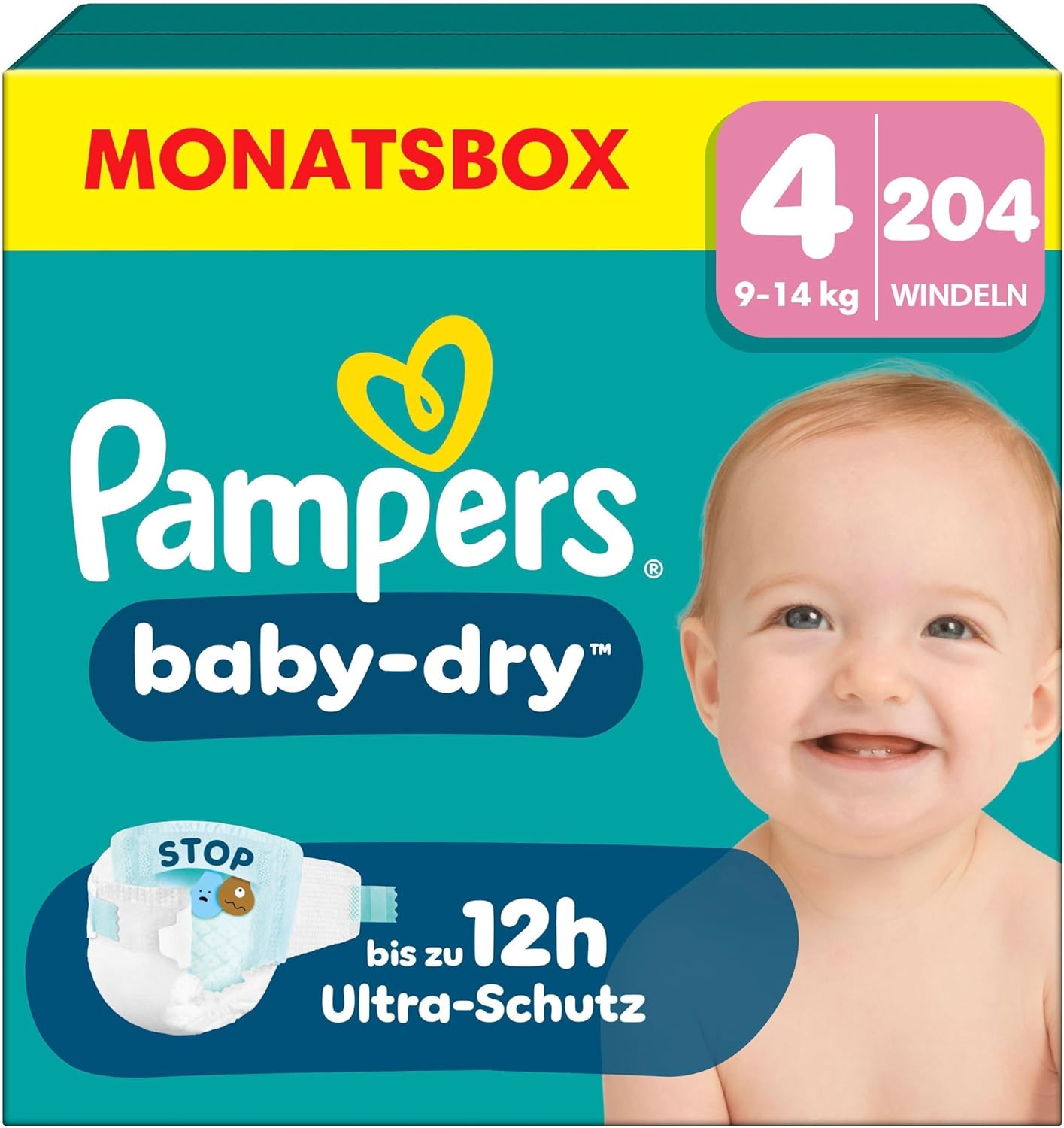 Pampers Baby-Dry Size 4, 204 Nappies, 9 kg - 14 kg, Up to 100% Leak Protection & Comfort All Night
