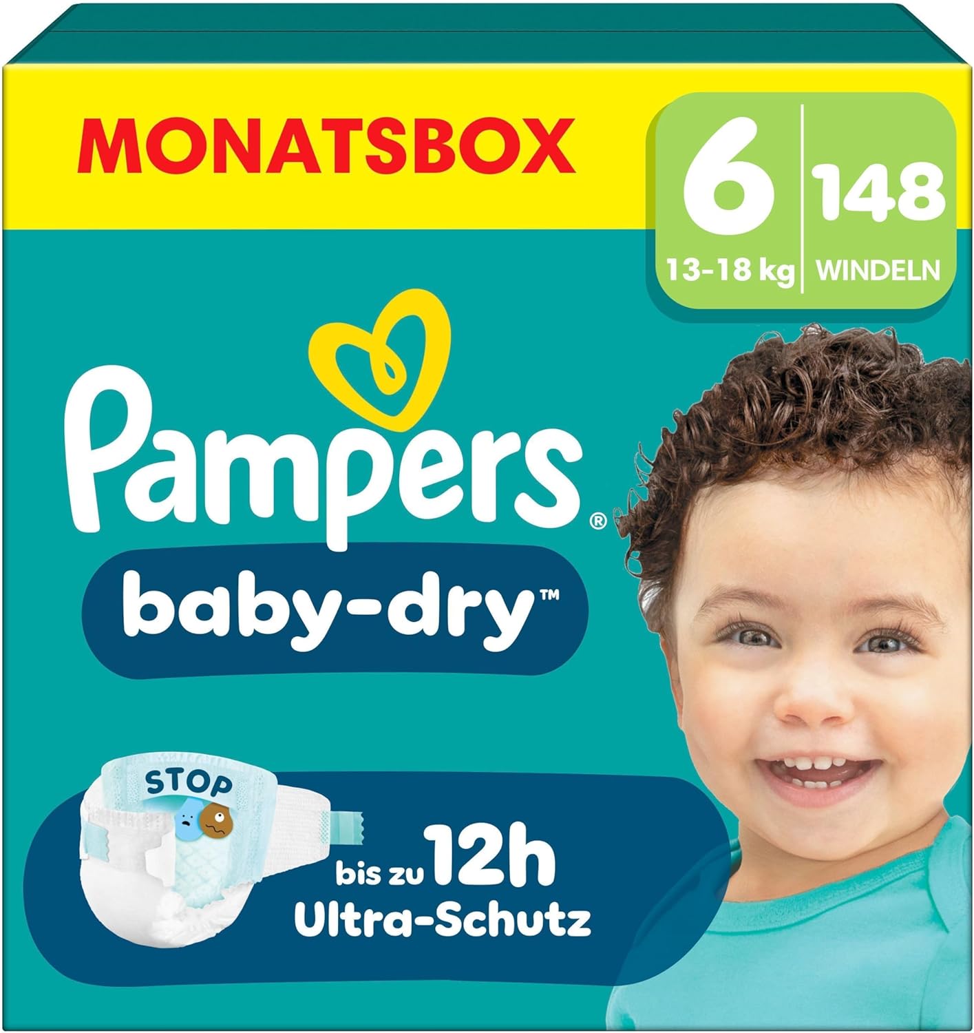 Pampers Baby-Dry Size 6, 148 Nappies, 13 kg - 18 kg, Up to 100% Leak Protection & Comfort All Night