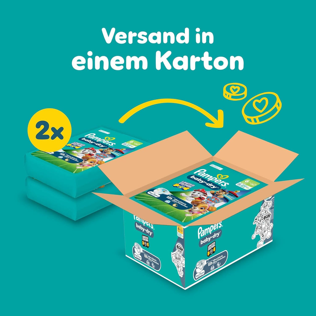 Pampers Baby-Dry Paw Patrol Edition Size 6, 164 Nappies, 13 kg - 18 kg, Up to 100% Leak-proof & Comfortable Night