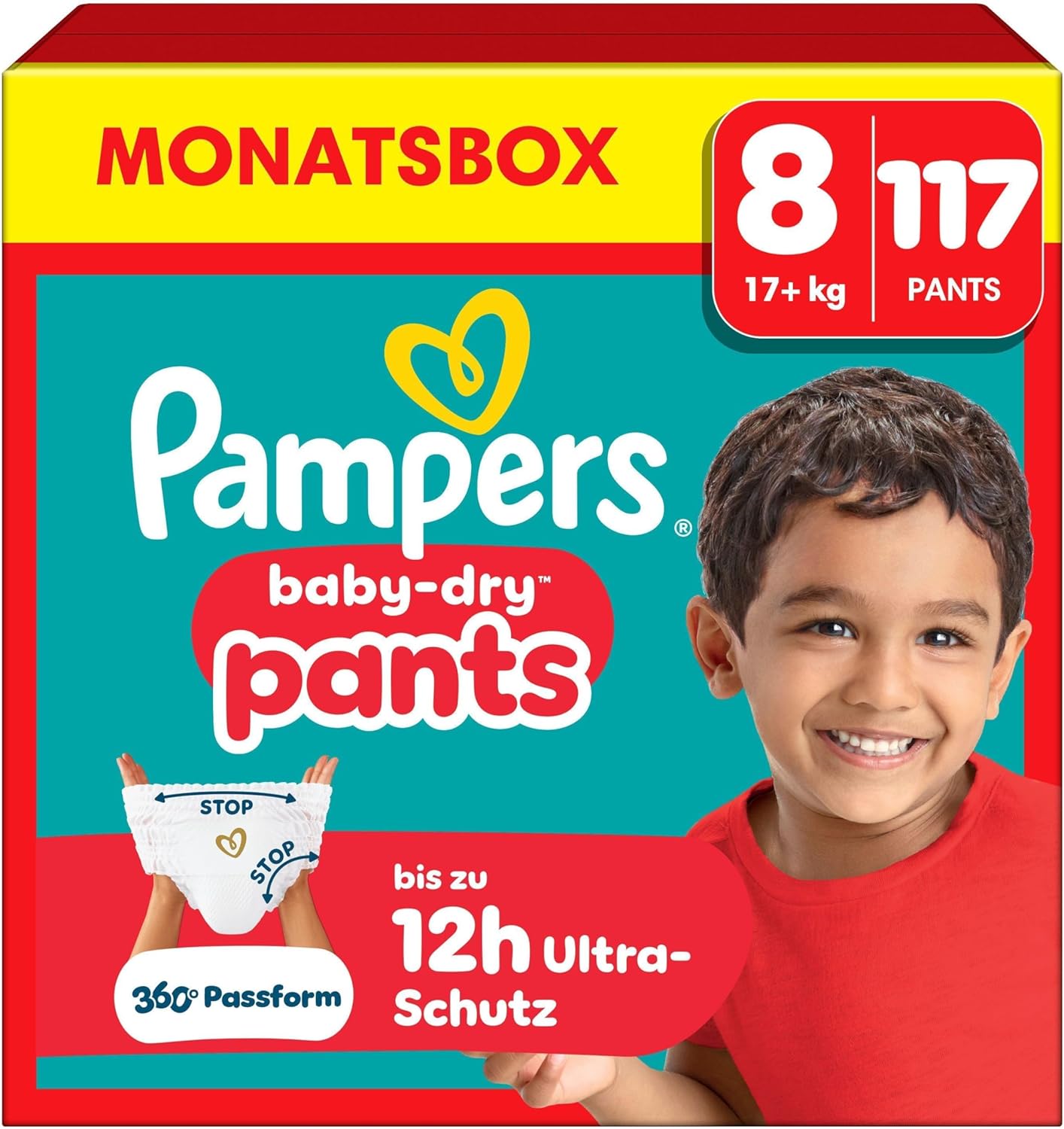 Pampers Nappies Pants Size 8 (19 kg+) Baby-Dry, Monthly Box, Nappy Pants with 360° Fit, 117 Nappies