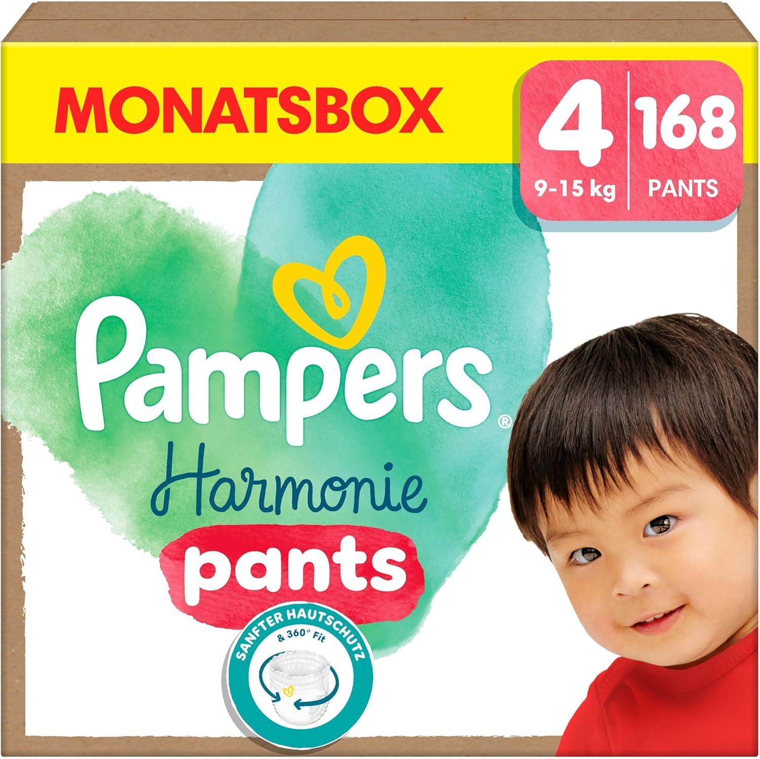 Pampers Baby Nappies Pants Size 4 (9 kg - 15 kg) Harmonie, Monthly Box, Gentle Skin Protection and Plant-Based Ingredients, 168 Pants Nappies