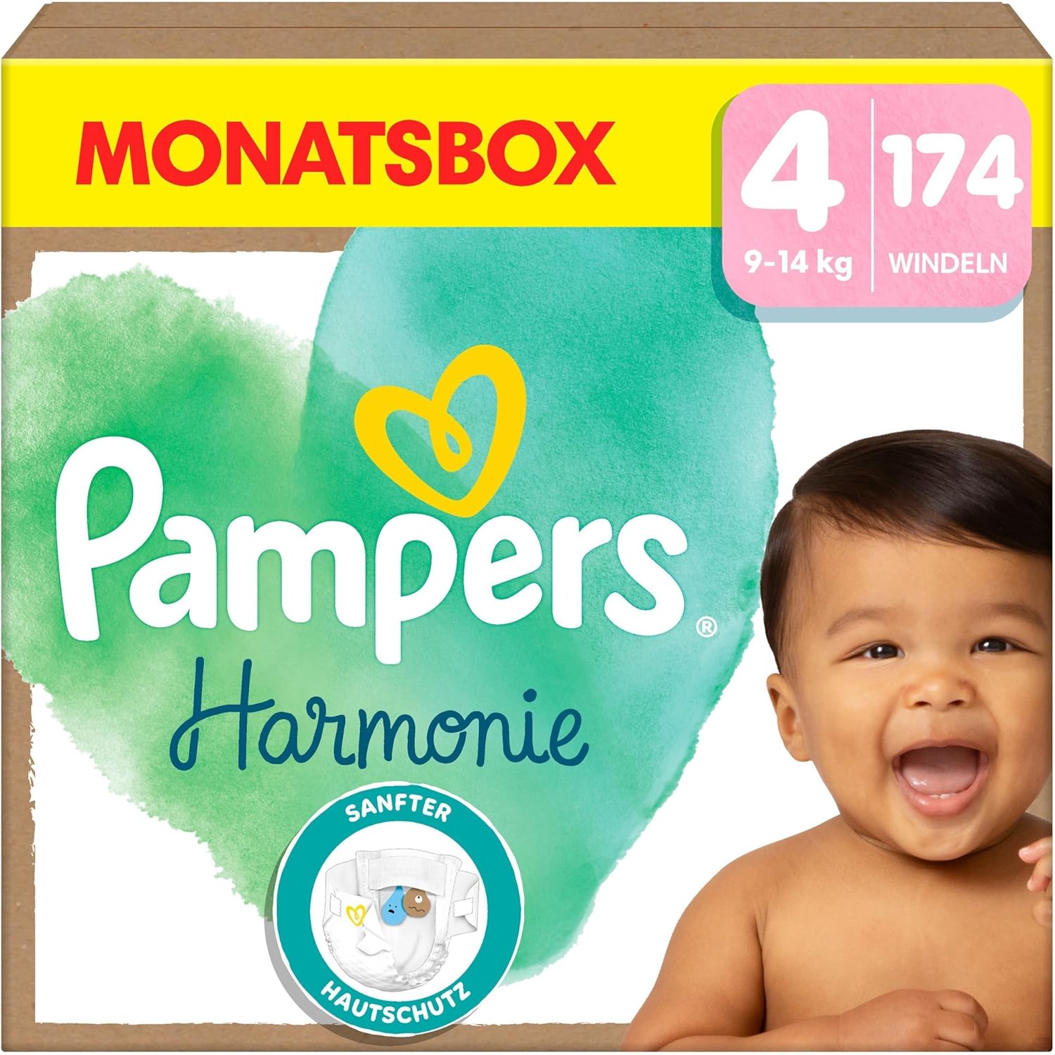 Pampers Baby Nappies Size 4 (9-14 kg) Harmonie, Monthly Box, Gentle Skin Protection and Plant-Based Ingredients, Pack of 174
