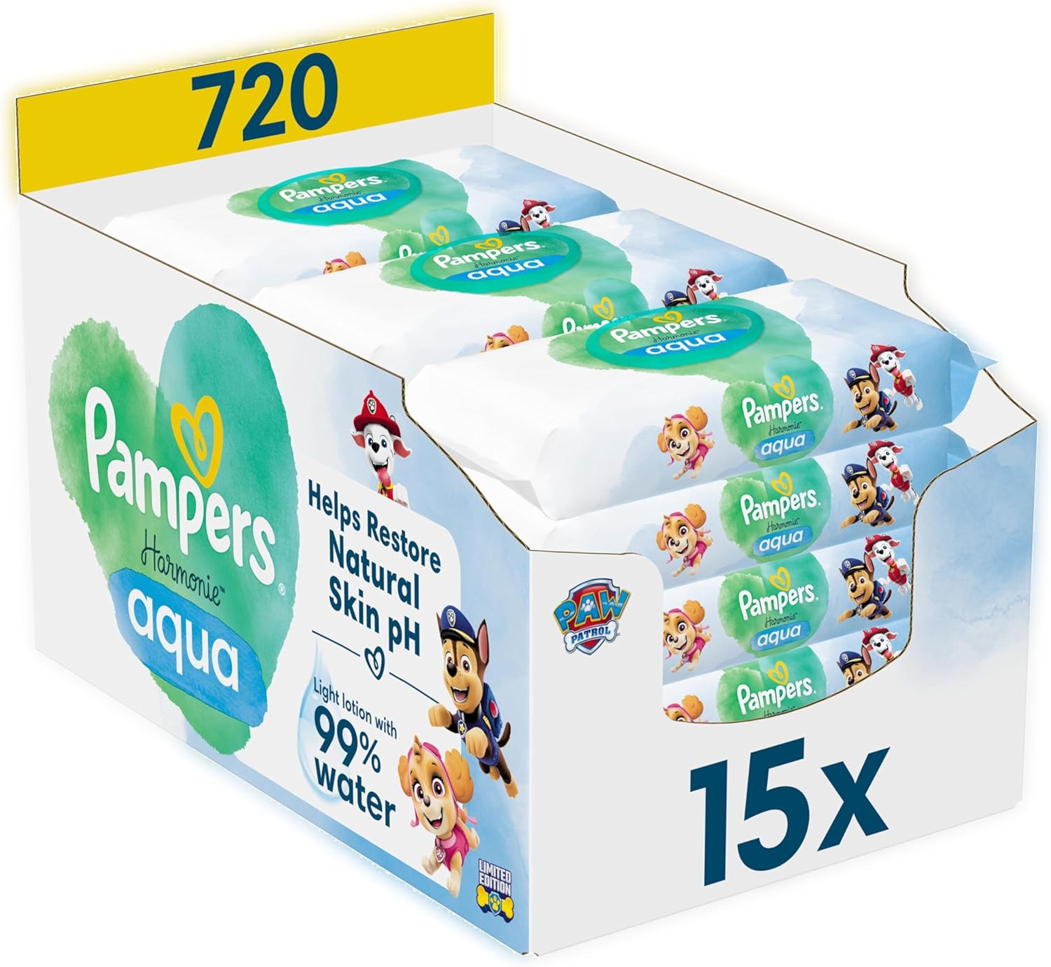 Pampers Harmonie Aqua Paw Patrol Baby Wipes, 15 Packs of 48 Wet Wipes, 720 Baby Wipes Help Restore Skin's Natural pH Value Lightweight Lotion with 99% Water