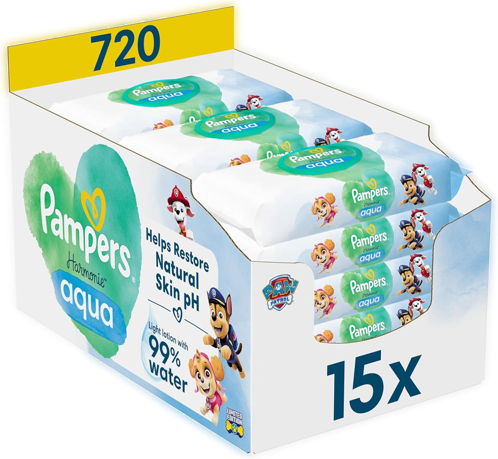 Pampers Harmonie Aqua Paw Patrol Baby Wipes, 15 Packs of 48 Wet Wipes, 720 Baby Wipes Help Restore Skin's Natural pH Value Lightweight Lotion with 99% Water