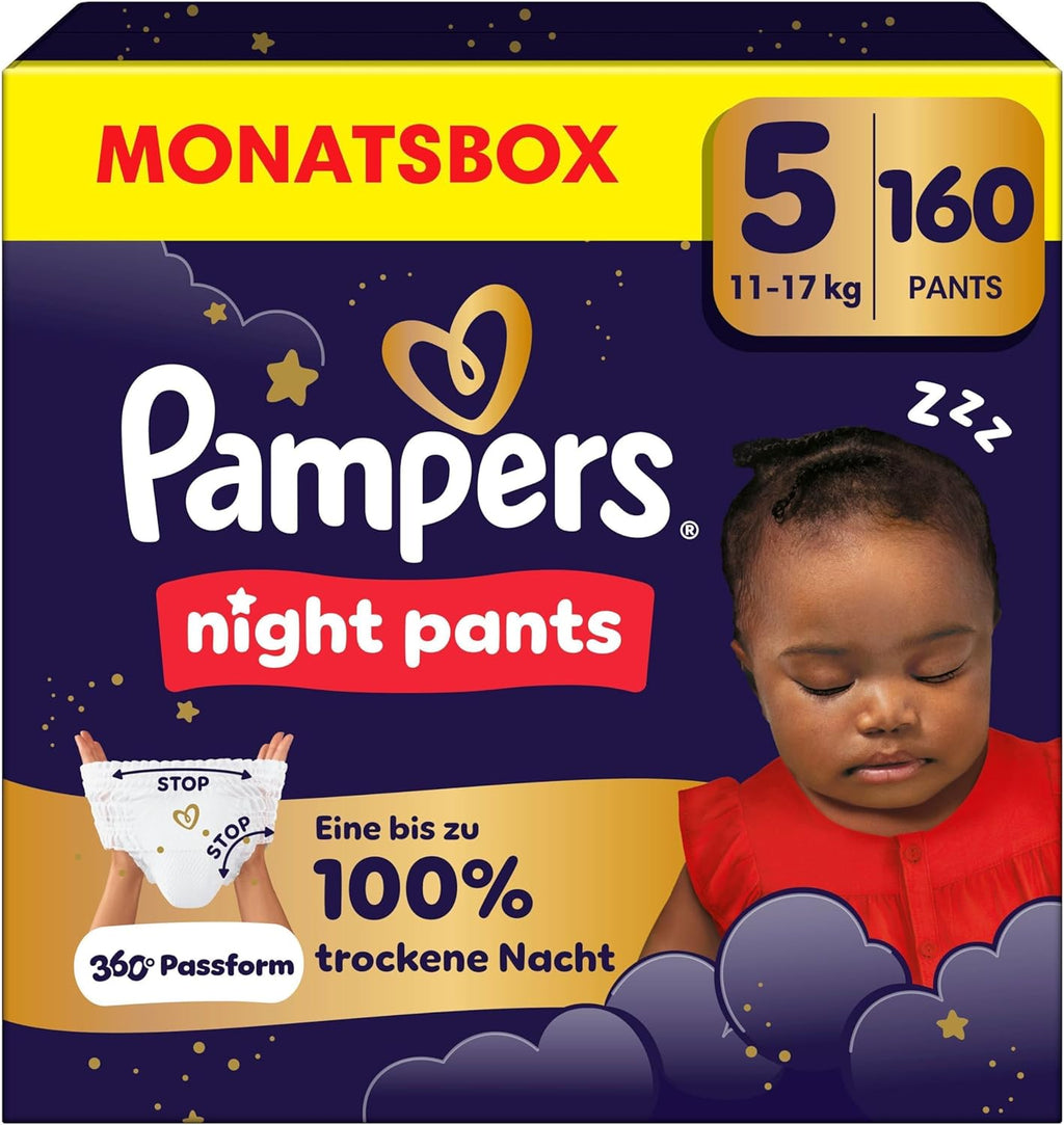 Pampers Night Pants Size 5, 160 Nappies, 11-17 kg, Pampers Night Pants Provide Additional Protection for the Whole Night