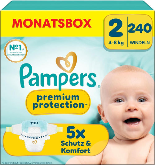 Pampers Baby Nappies Size 2 (4–8 kg) Premium Protection, Mini, Monthly Box, Best Comfort and Protection for Sensitive Skin, Pack of 240