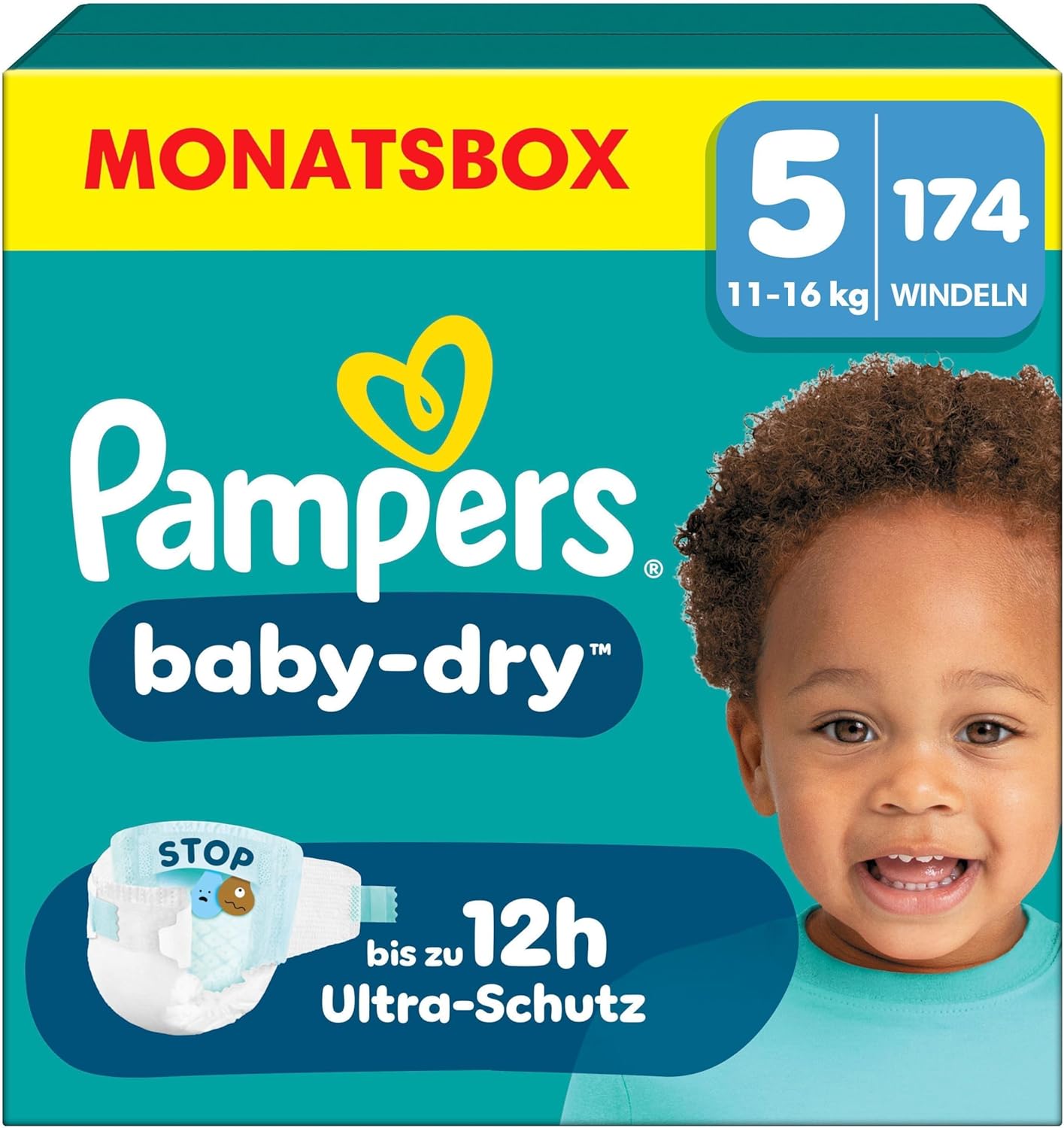 Pampers Baby-Dry Size 5, 174 Nappies, 11 kg - 16 kg, Up to 100% Leak Protection & Comfort All Night