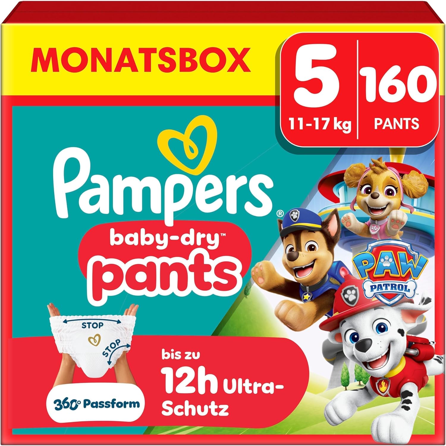 Pampers Baby-Dry Pants Paw Patrol Edition Size 5, 160 Nappies, 11 kg - 17 kg, 360 Degree Fit Helps Prevent Leaks