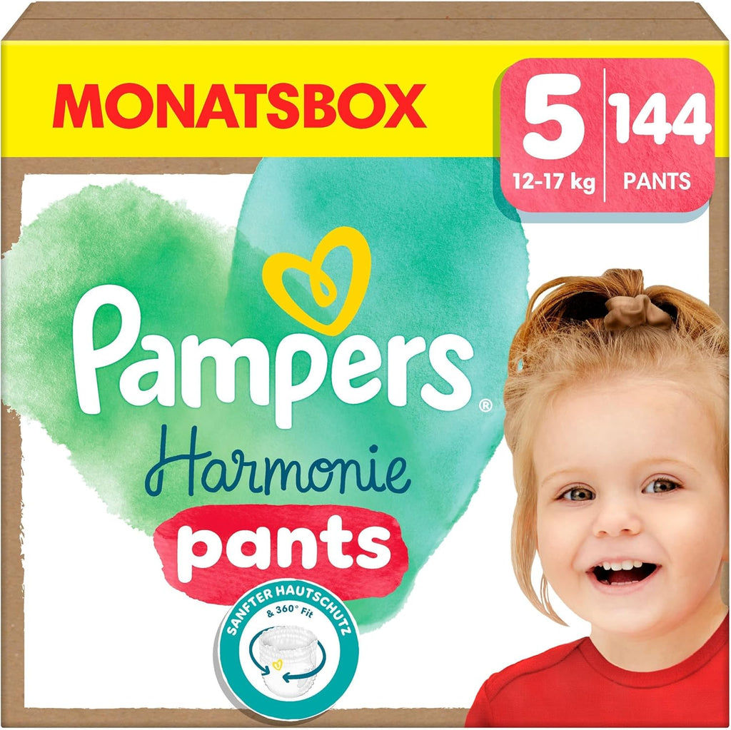 Pampers Baby Nappies Pants Size 5 (12 kg - 17 kg) Harmonie, Monthly Box, Gentle Skin Protection and Plant-Based Ingredients, 144 Pants Nappies