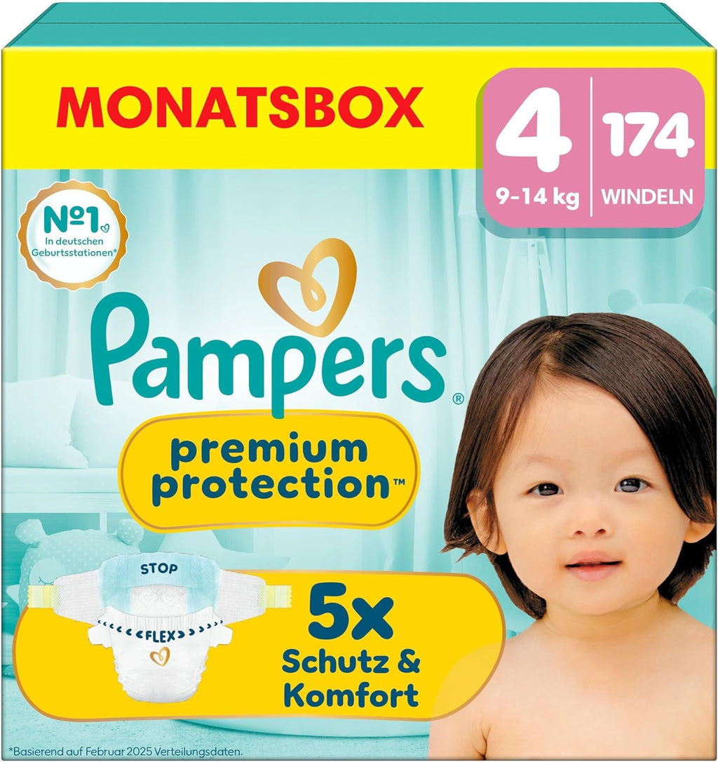 Pampers Baby Nappies Size 4 (9–14 kg) Premium Protection, Maxi, Monthly Box, Best Comfort and Protection for Sensitive Skin, Pack of 174