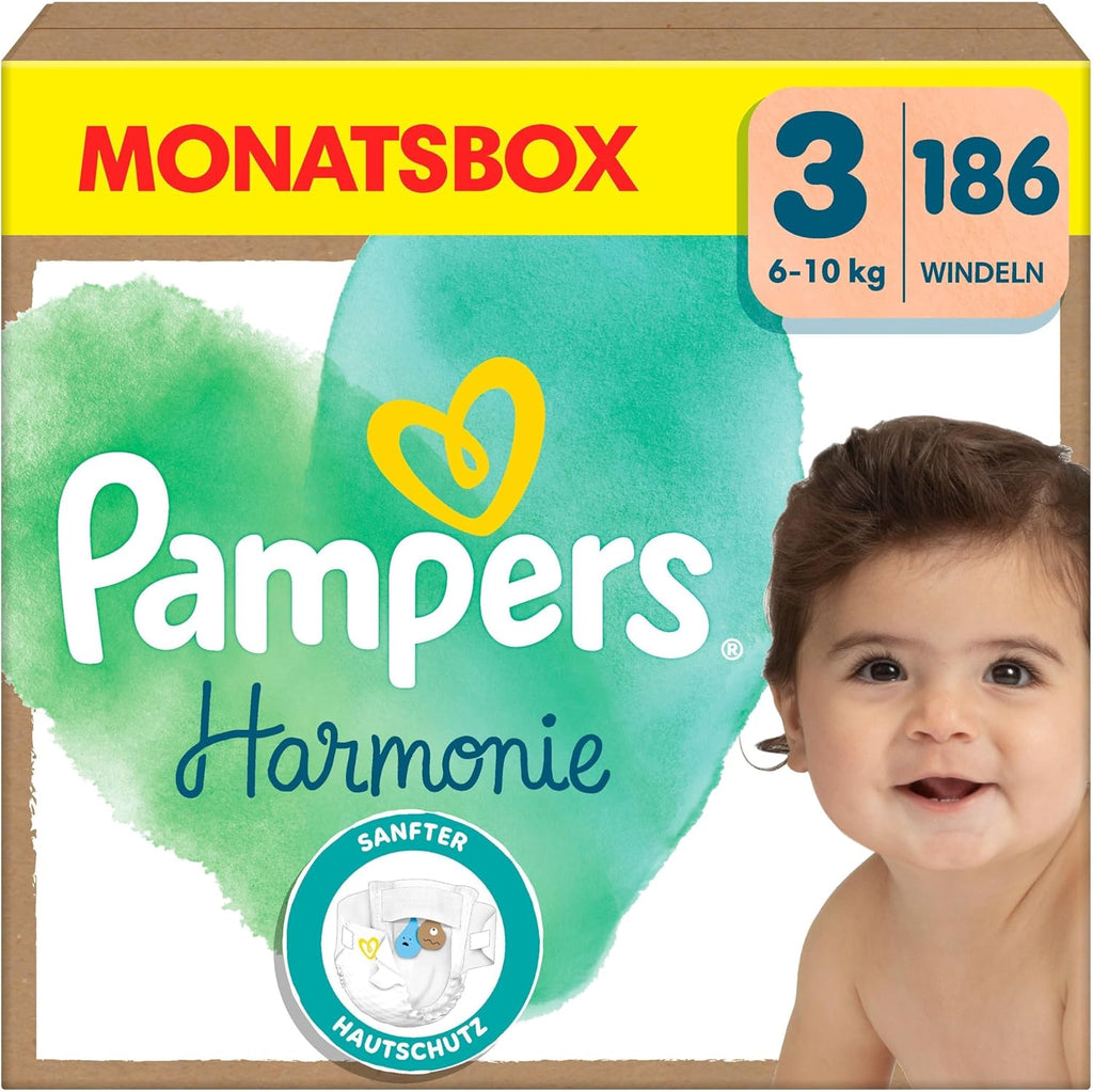 Pampers Harmonie Nappies Size 3, 186 Nappies, 6 kg - 10 kg, Gentle Skin Protection with 100% Pampers Protection