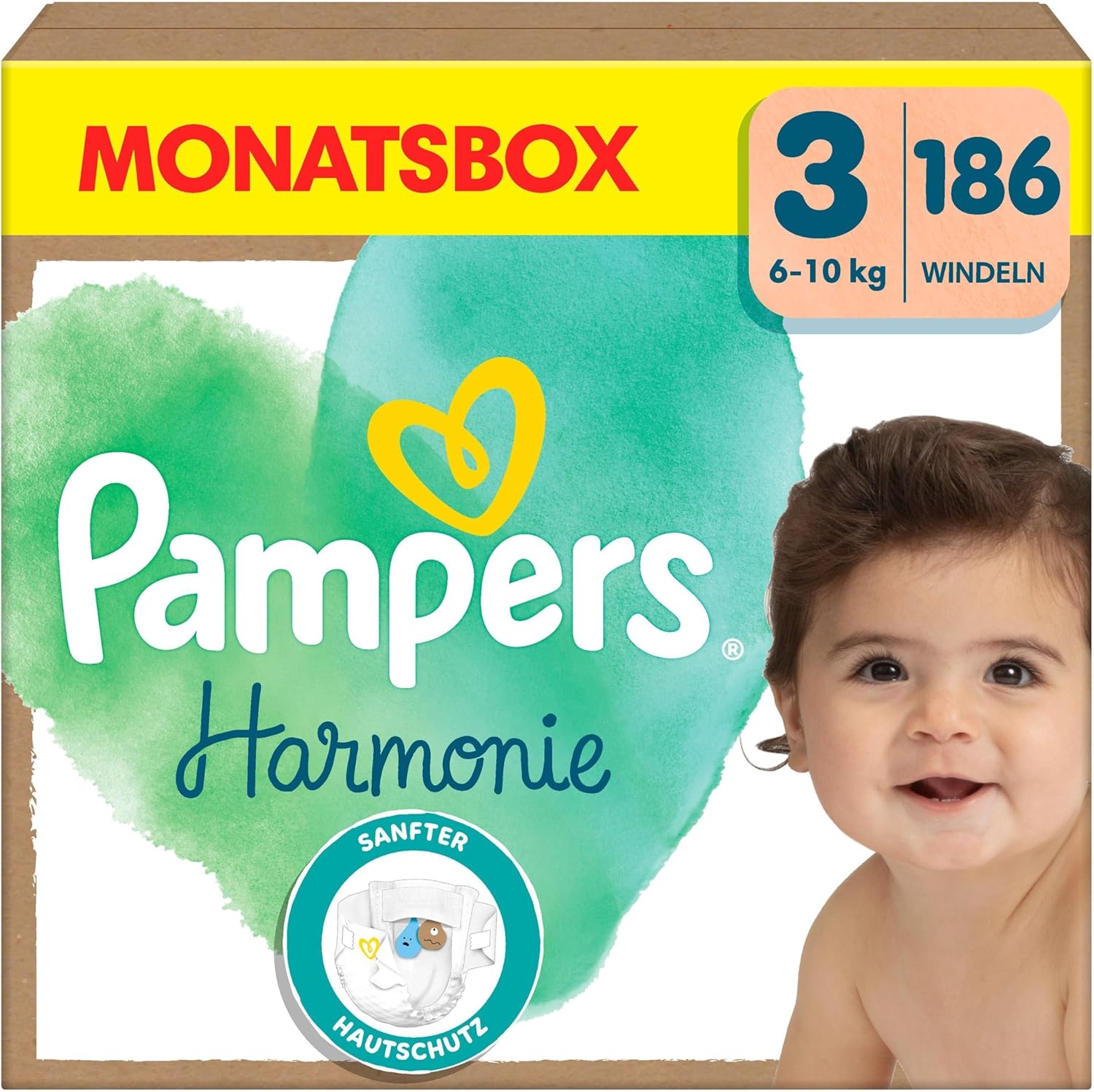 Pampers Harmonie Nappies Size 3, 186 Nappies, 6 kg - 10 kg, Gentle Skin Protection with 100% Pampers Protection