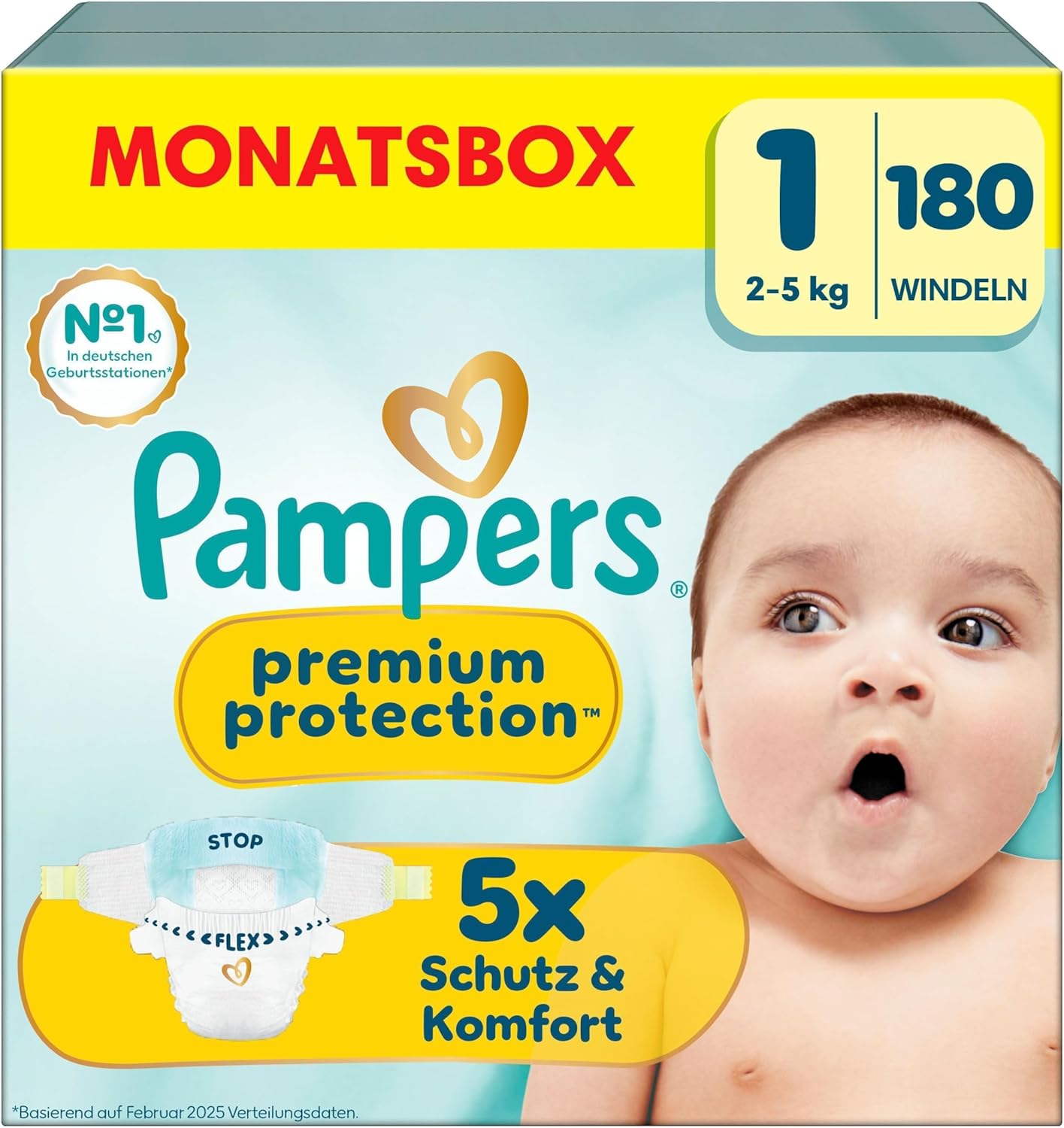Pampers Baby Nappies, Size 1 (2–5 kg), Premium Protection, for Newborn, Half Month Box, Comfort and Protection for Sensitive Skin, Pack of 180