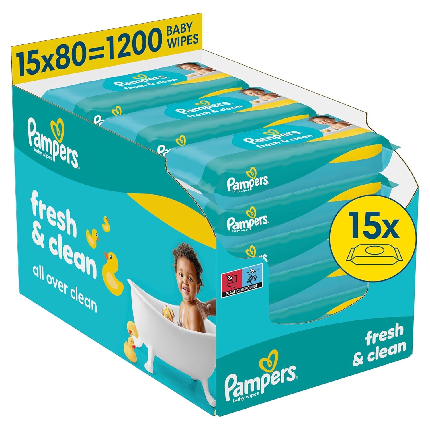 Pampers Fresh Clean Baby Wipes, Mild Fragrance, Also Suitable for Hands and Face, 1200 Wipes (Pack of 15)