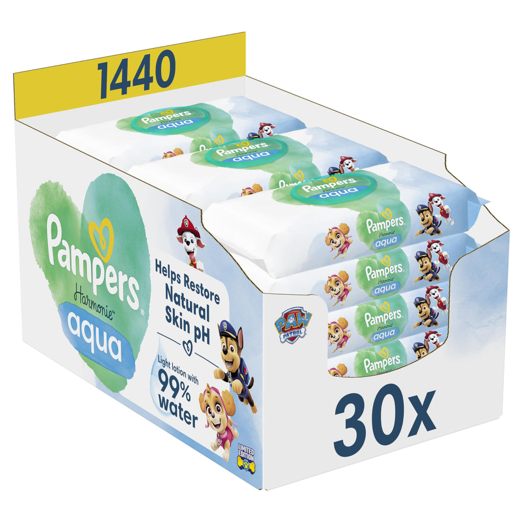 Pampers Harmonie Aqua Paw Patrol Baby Wipes, 15 Packs of 48 Wet Wipes, 720 Baby Wipes Help Restore Skin's Natural pH Value Lightweight Lotion with 99% Water