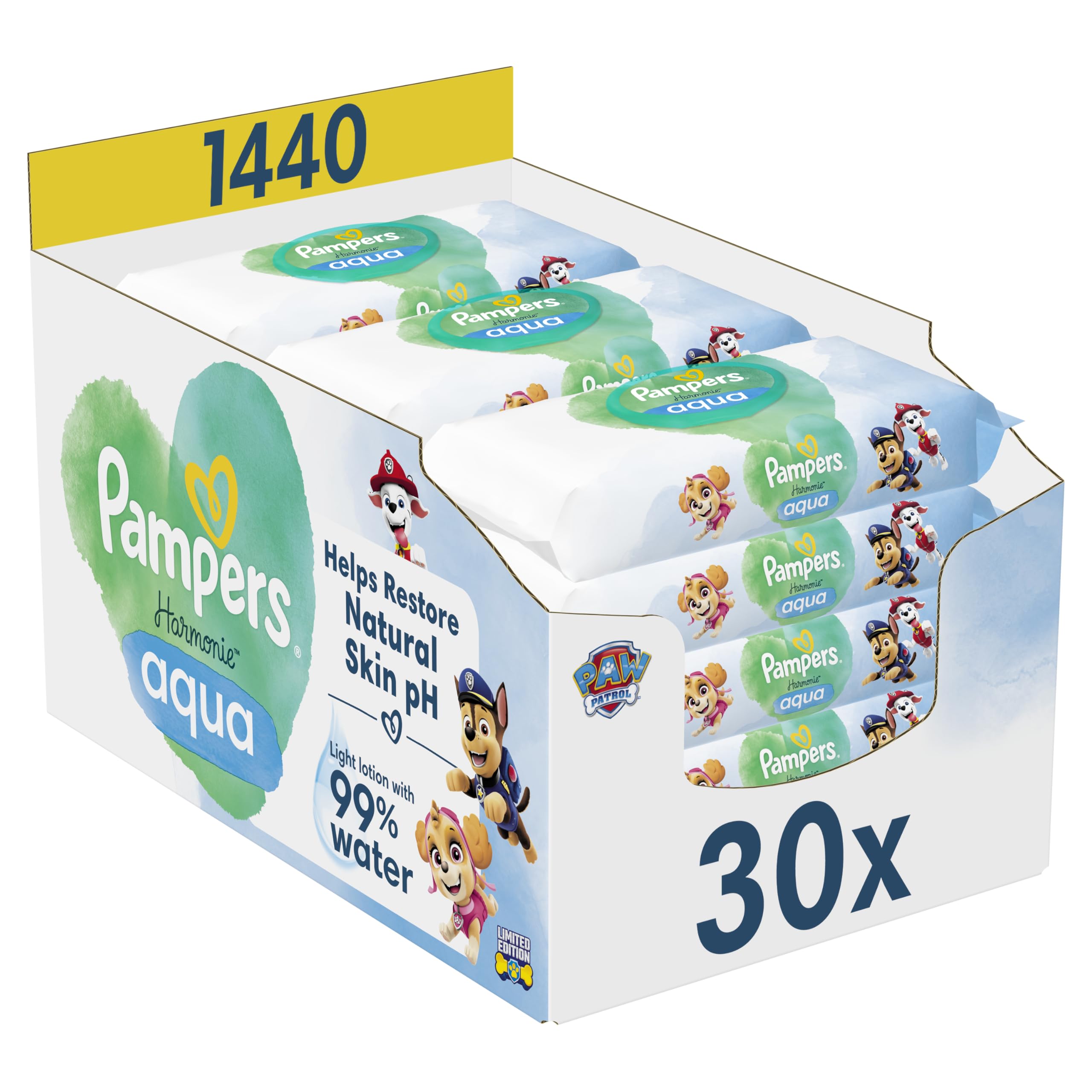 Pampers Harmonie Aqua Paw Patrol Baby Wipes, 15 Packs of 48 Wet Wipes, 720 Baby Wipes Help Restore Skin's Natural pH Value Lightweight Lotion with 99% Water